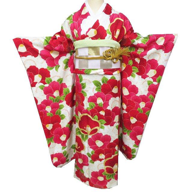 振袖 着物 中古 正絹 金駒刺繍 花模様 椿 桜 地模様 練色 白色 赤色 多色 身丈172cm 裄68cm L トール きもの北條 A1160-4 振袖 着物 中古 正絹 金駒刺繍 花模様 椿 桜 地模様 練色 白色 赤色 多