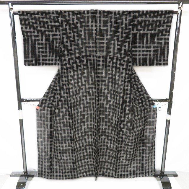 夏物 小紋 着物 中古 正絹 カジュアル 格子模様 黒色 白色 白茶色 身丈158.5cm 裄64cm M きもの北條 A1162-14 夏物 小紋 着物 中古 正絹 カジュアル 格子模様 黒色 白色 白茶色 身丈