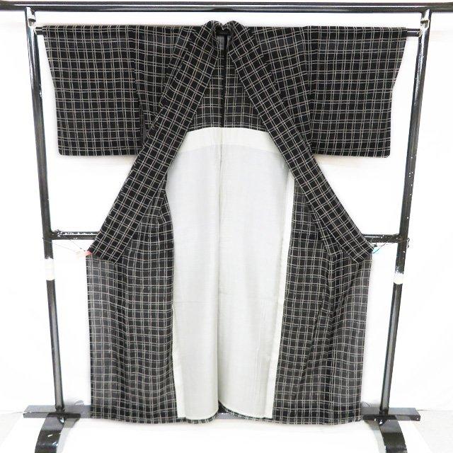 夏物 小紋 着物 中古 正絹 カジュアル 格子模様 黒色 白色 白茶色 身丈