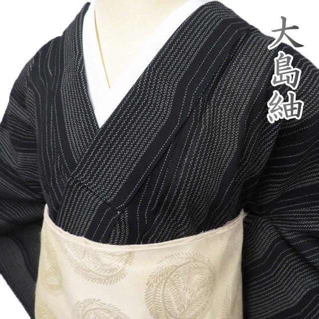 夏物 大島紬 夏大島 着物 中古 正絹 カジュアル ラベル付き 黒色
