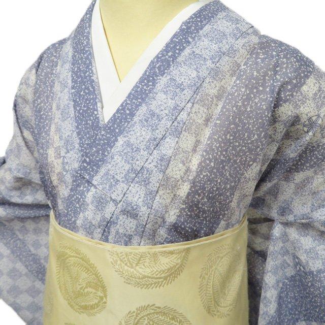 夏物 浴衣 小紋 着物 中古 ポリエステル 市松模様 楝色 白色 身丈165cm 裄68cm L トール きもの北條 A1163-20 夏物 浴衣 小紋 着物 中古 ポリエステル 市松模様 楝色 白色 身丈165cm