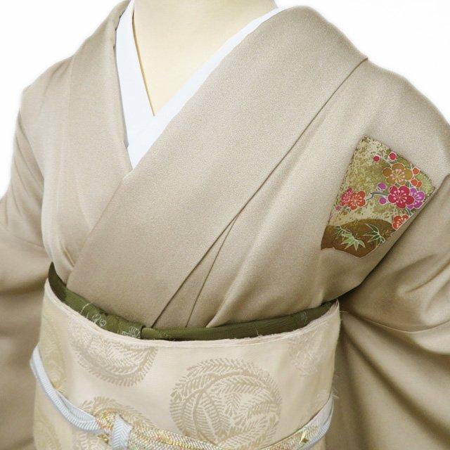 絽★夏着物★付け下げ★クリーム色★花柄金彩正絹★正絹付け下げ着物★新品しつけ糸付 付下げ 付け下げ 訪問着 着物 中古 正絹 袷 花の図 梅 反端付き 色紙