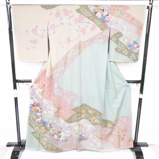 訪問着 着物 中古 正絹 袷 紋付き 作家物 落款 絞り 花の図 金通し 