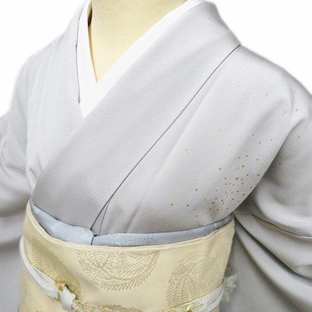 特選 付け下げ 付下げ 訪問着 着物 中古 袷 福田喜三郎 刺繍 和本に花 暈し 絹鼠色 煤色 金 身丈164cm 裄70cm L ワイド きもの北條 A1168-8の画像