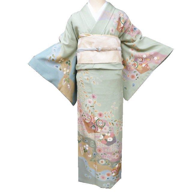 訪問着 着物 中古 正絹 袷 フォーマル 金彩 花の図 地模様 浅緑色 多色 金 身丈160.5cm 裄64.5cm M きもの北條 A1032-9 特選 訪問着 着物 中古 正絹 袷 フォーマル 作家物 落款 絞り 花の図