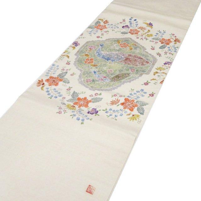 袋帯 中古 リサイクル 正絹 紬地 カジュアル 仕立て上がり 作家物 落款 お太鼓柄 花鳥の図 孔雀 生成色 多色 きもの北條 A1171-10 袋帯 中古 リサイクル 正絹 紬地 カジュアル 仕立て上がり 作家物 落款