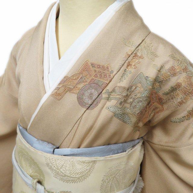 訪問着 着物 中古 正絹 袷 紋付き 汕頭刺繍 スワトウ 相良刺繍 御車 藤