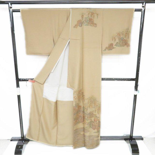 訪問着 着物 中古 正絹 袷 紋付き 汕頭刺繍 スワトウ 相良刺繍 御車 藤