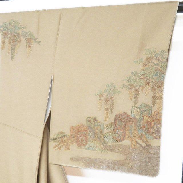 訪問着 着物 中古 正絹 袷 紋付き 汕頭刺繍 スワトウ 相良刺繍 御車 藤