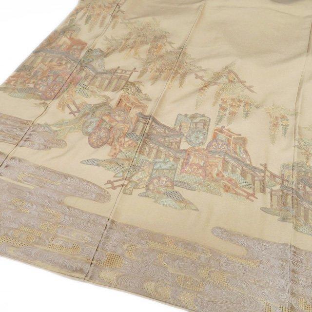 訪問着 着物 中古 正絹 袷 紋付き 汕頭刺繍 スワトウ 相良刺繍 御車 藤