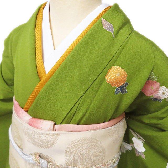 訪問着 着物 中古 正絹 袷 金駒刺繍 花の図 秋草 縮緬地 鶸萌黄色 多色 金 身丈171cm 裄71.5cm L トール きもの北條 A1175-9 訪問着 着物 中古 正絹 袷 金駒刺繍 花の図 秋草 縮緬地 鶸萌黄色 多色
