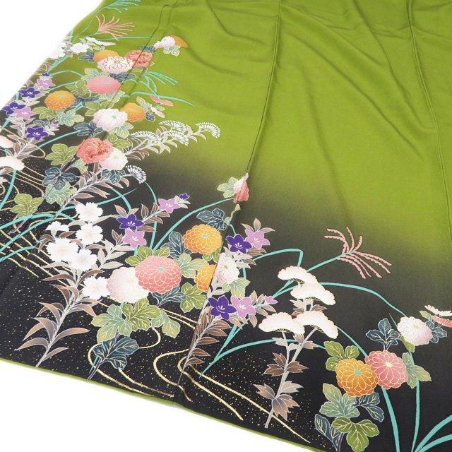 訪問着 着物 中古 正絹 袷 金駒刺繍 花の図 秋草 縮緬地 鶸萌黄色 多色 金 身丈171cm 裄71.5cm L トール きもの北條 A1175-9 訪問着 着物 中古 正絹 袷 金駒刺繍 花の図 秋草 縮緬地 鶸萌黄色 多色