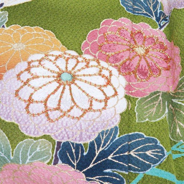 訪問着 着物 中古 正絹 袷 金駒刺繍 花の図 秋草 縮緬地 鶸萌黄色 多色