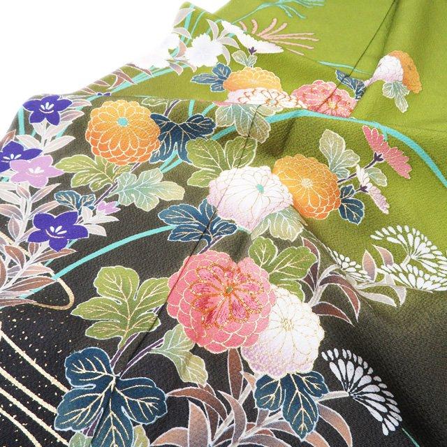 訪問着 着物 中古 正絹 袷 金駒刺繍 花の図 秋草 縮緬地 鶸萌黄色 多色 金 身丈171cm 裄71.5cm L トール きもの北條 A1175-9 訪問着 着物 中古 正絹 袷 金駒刺繍 花の図 秋草 縮緬地 鶸萌黄色 多色