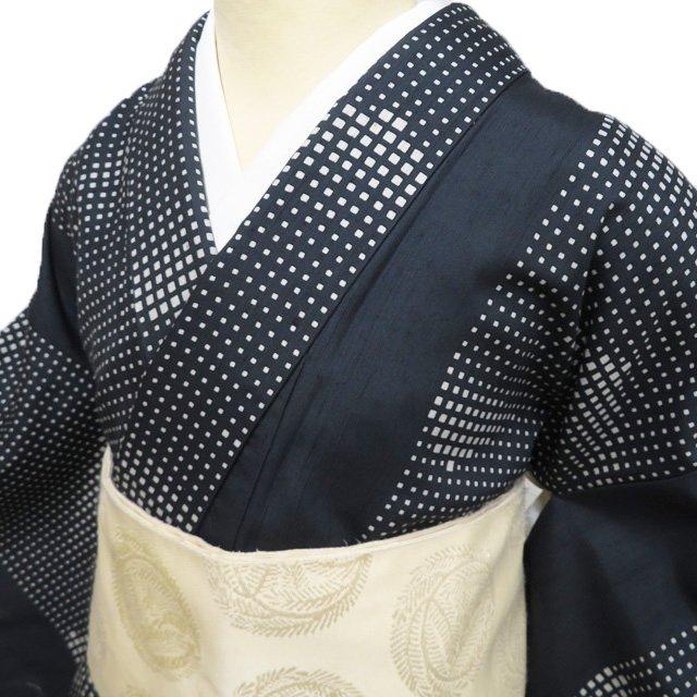 紬地 着物 中古 正絹 袷 カジュアル 升目模様 黒色 身丈160cm 裄64.5cm 