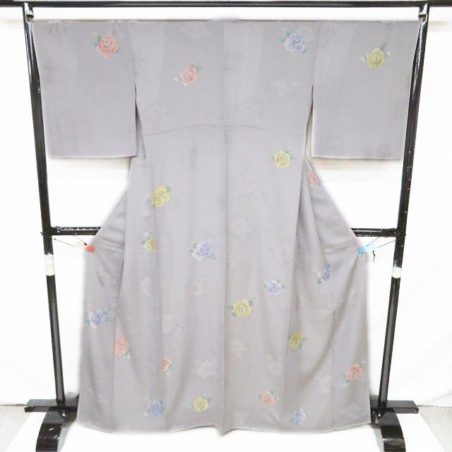 小紋 着物 中古 正絹 袷 カジュアル 花模様 地模様 バラ 薔薇 薄色 多色 身丈166.5cm 裄69.5cm L トール きもの北條 A1176-7 小紋 着物 中古 正絹 袷 カジュアル 花模様 地模様 バラ 薔薇 薄色 多