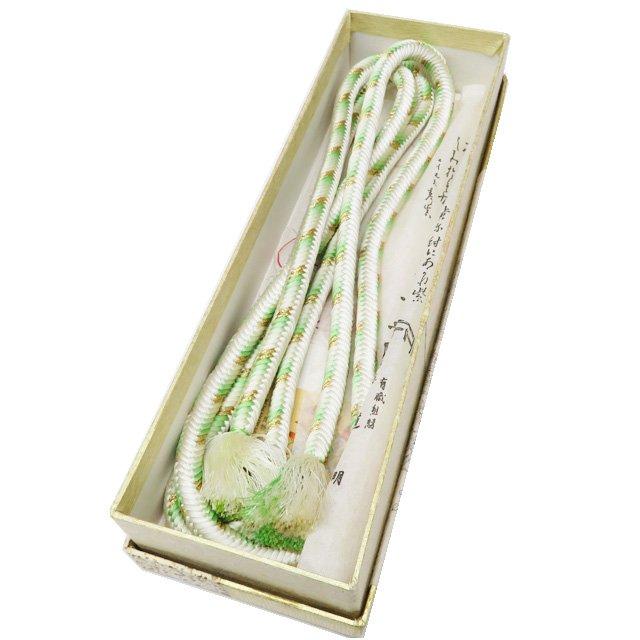 帯締め おびじめ 組紐 道明 無形文化財 箱付き 和装小物 中古 リサイクル 正絹 オフホワイト 薄緑系色 多色 金 きもの北條 A1180-9 帯締め おびじめ 組紐 道明 無形文化財 箱付き 和装小物 中古