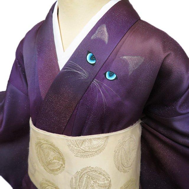 特選 付下げ 付け下げ 訪問着 着物 中古 正絹 袷 蘇州工芸師 郁志萍 猫柄 銀通し 紫系色 多色 身丈162cm 裄66cm M きもの北條 A1181-10の画像