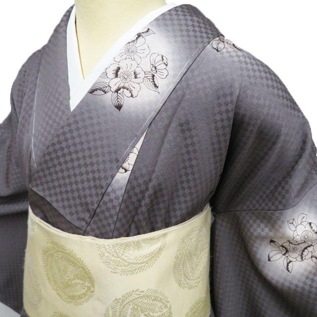 小紋 着物 未使用 正絹 袷 花模様 辻が花模様 地模様 市松 暈し 煤色 