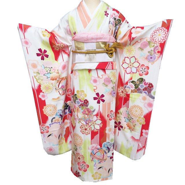 振袖 着物 中古 正絹 金彩 花模様 松竹梅 矢絣 雪輪 毬 オフホワイト 赤色 多色 身丈167cm 裄68.5cm L トール きもの北條 A1184-1 振袖 着物 中古 正絹 金彩 花模様 松竹梅 矢絣 雪輪 毬 オフホワイト