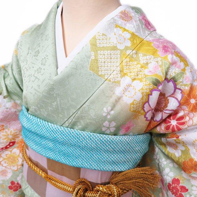 振袖 着物 中古 正絹 金駒刺繍 花模様 桜 菊 地模様 銀通し 若緑色 多色 金 身丈175cm 裄75.5cm L トール きもの北條 A1184-2 振袖 着物 中古 正絹 金駒刺繍 花模様 桜 菊 地模様 銀通し 若緑色 多