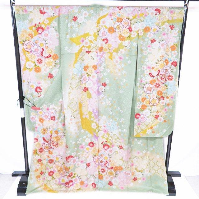 振袖 着物 中古 正絹 金駒刺繍 花模様 桜 菊 地模様 銀通し 若緑色 多色 金 身丈175cm 裄75.5cm L トール きもの北條 A1184-2 振袖 着物 中古 正絹 金駒刺繍 花模様 桜 菊 地模様 銀通し 若緑色 多
