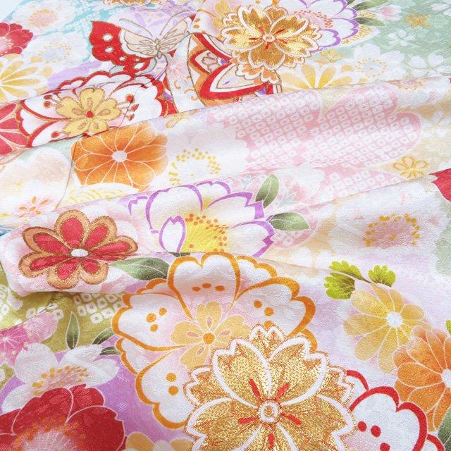 振袖 着物 中古 正絹 金駒刺繍 花模様 桜 菊 地模様 銀通し 若緑色 多色 金 身丈175cm 裄75.5cm L トール きもの北條 A1184-2 振袖 着物 中古 正絹 金駒刺繍 花模様 桜 菊 地模様 銀通し 若緑色 多