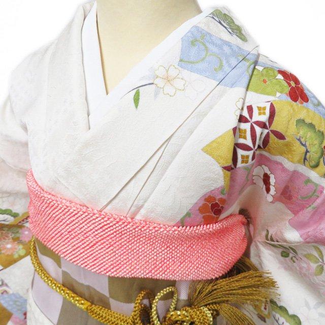 振袖 着物 中古 正絹 金駒刺繍 扇子に花模様 宝物 地模様 銀通し