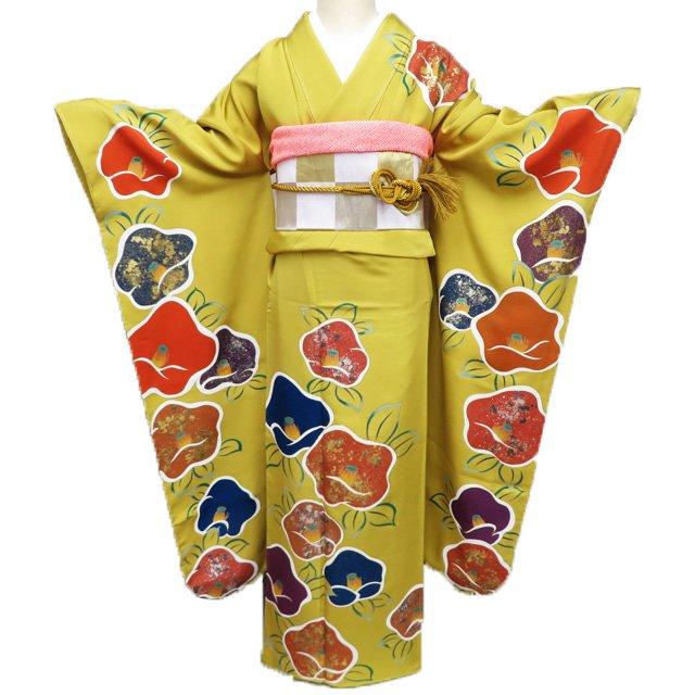 振袖 着物 中古 正絹 伊と幸 反端付き 金駒刺繍 花模様 椿 黄金色 多色