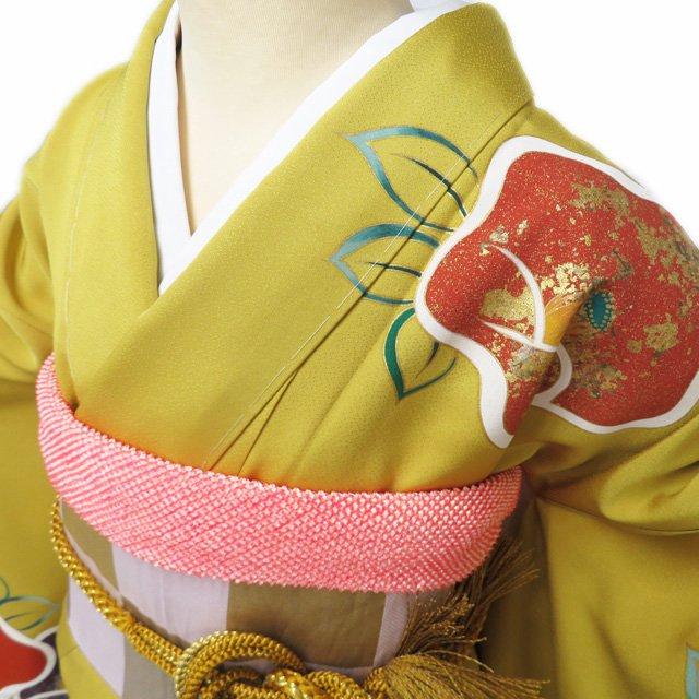 振袖　ほぼ未使用　金駒刺繍　トール　L寸 振袖 着物 中古 正絹 伊と幸 反端付き 金駒刺繍 花模様 椿 黄金色 多色