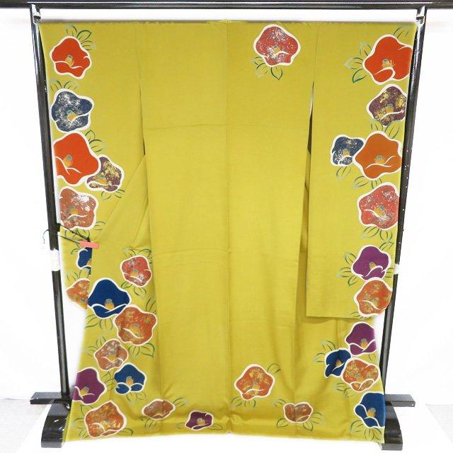 振袖 着物 中古 正絹 伊と幸 反端付き 金駒刺繍 花模様 椿 黄金色 多色