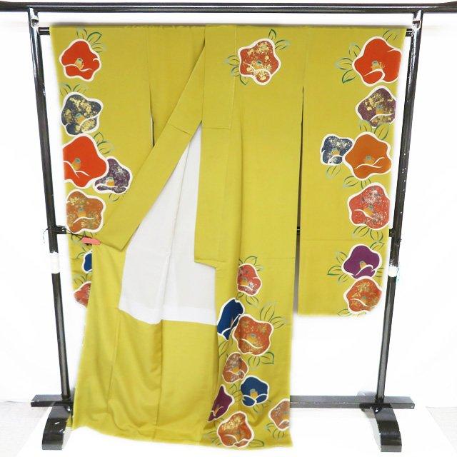 振袖 着物 中古 正絹 伊と幸 反端付き 金駒刺繍 花模様 椿 黄金色 多色