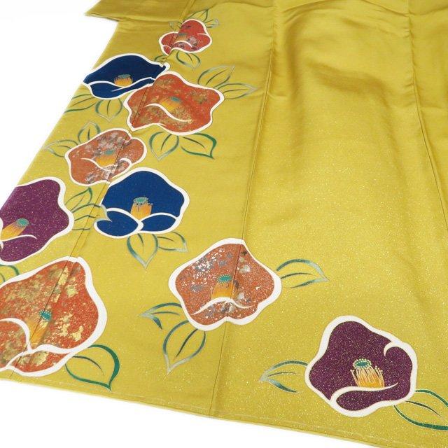 振袖 着物 中古 正絹 伊と幸 反端付き 金駒刺繍 花模様 椿 黄金色 多色