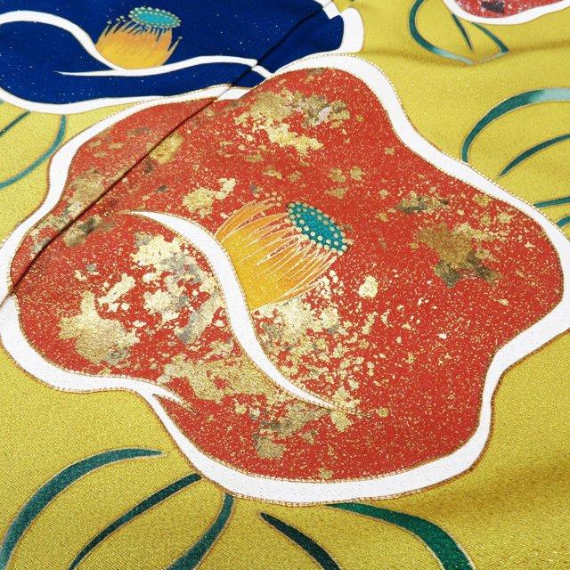 振袖 着物 中古 正絹 伊と幸 反端付き 金駒刺繍 花模様 椿 黄金色 多色