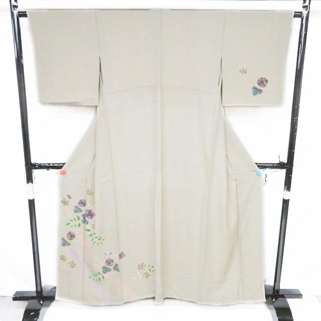 付下げ 付け下げ 訪問着 着物 中古 正絹 袷 絞り染め 花の図 砂色 多色