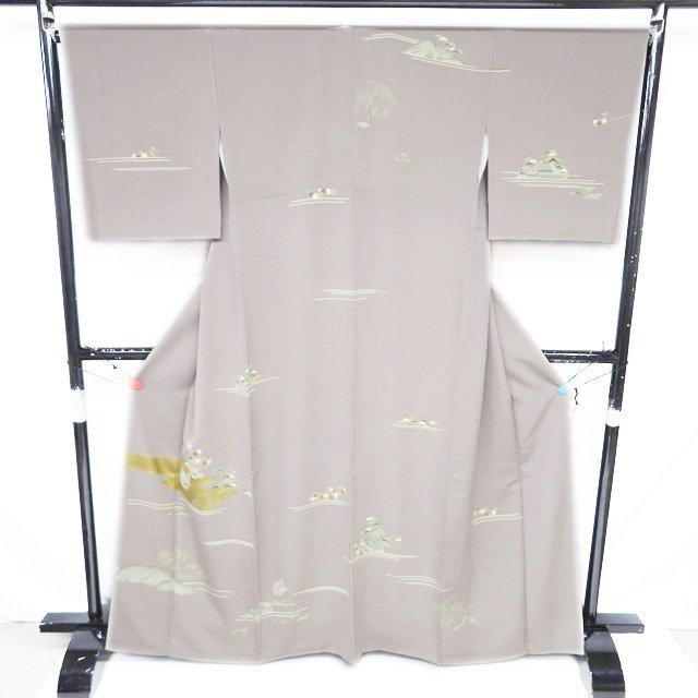 特選 本加工 訪問着 着物 中古 正絹 袷 三越 金駒刺繍 茶屋辻 茶鼠色