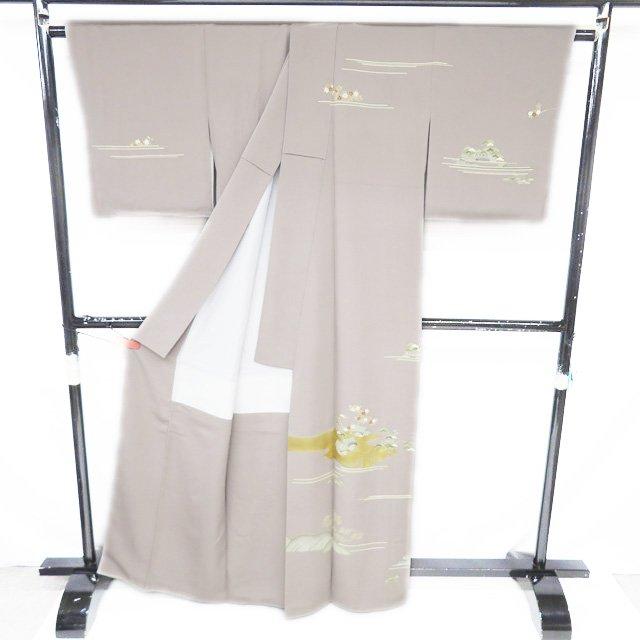 特選 本加工 訪問着 着物 中古 正絹 袷 三越 金駒刺繍 茶屋辻 茶鼠色