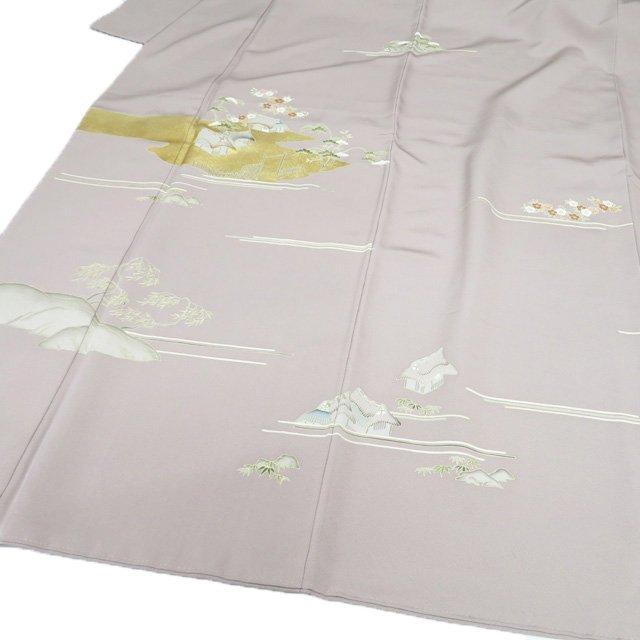 特選 本加工 訪問着 着物 中古 正絹 袷 三越 金駒刺繍 茶屋辻 茶鼠色