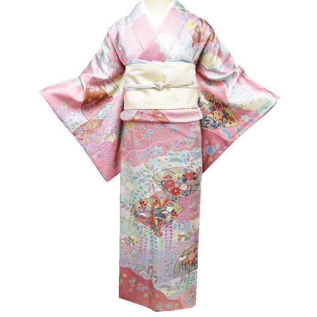 訪問着 着物 中古 正絹 袷 フォーマル 絞り染め 扇子に花鳥の図 鴛鴦 紅梅色 多色 金 身丈155.5cm 裄66cm SA きもの北條 A1187-2 訪問着 着物 中古 正絹 袷 フォーマル 絞り染め 扇子に花鳥の図 鴛鴦