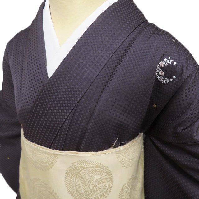 小紋 着物 中古 正絹 袷 カジュアル 刺繍 桜の月模様 地模様 市松 金
