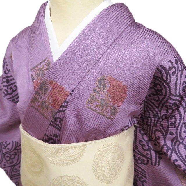 小紋 着物 中古 正絹 袷 カジュアル 花模様 牡丹 波文 菖蒲色 多色 金 身丈155cm 裄67cm SA きもの北條 A1190-2 小紋 着物 中古 正絹 袷 カジュアル 花模様 牡丹 波文 菖蒲色 多色 金