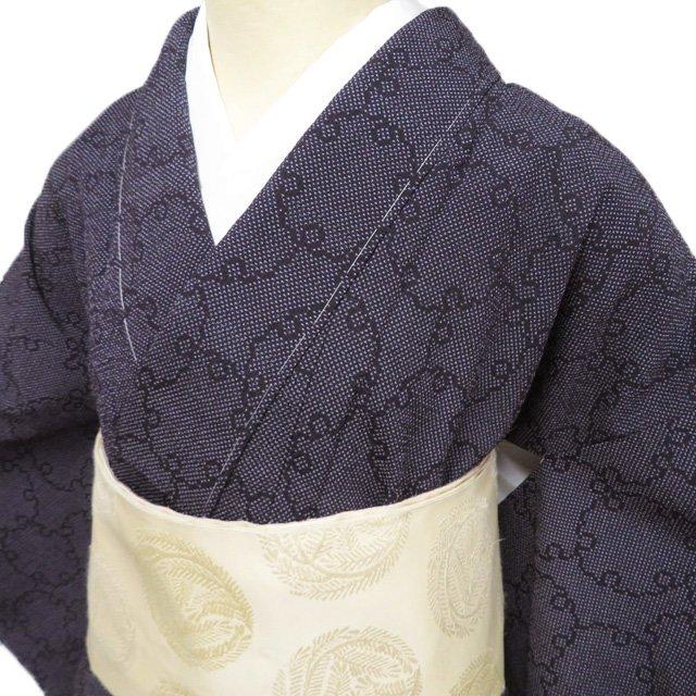 特選 小紋 着物 未使用 正絹 袷 カジュアル 雪輪模様 蚊絣 黒色 身丈 