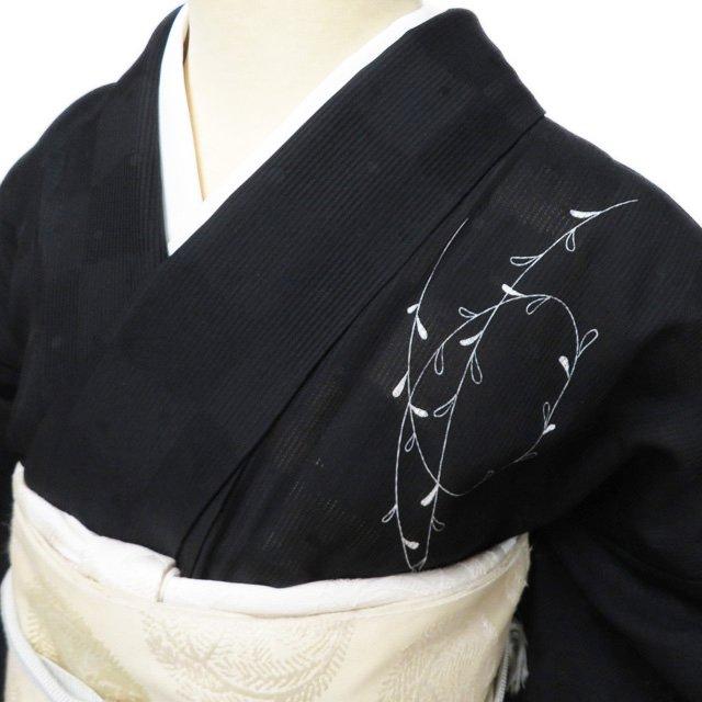 夏物 夏着物 付下げ 訪問着 着物 中古 正絹 植物文様 トンボ 地模様 市松に水玉 黒色 身丈162.5cm 裄67cm M きもの北條 A1192-15の画像