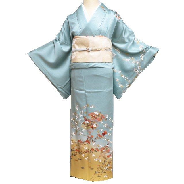 訪問着 着物 中古 正絹 袷 金駒刺繍 作家物 落款 花の図 扇子 地模様