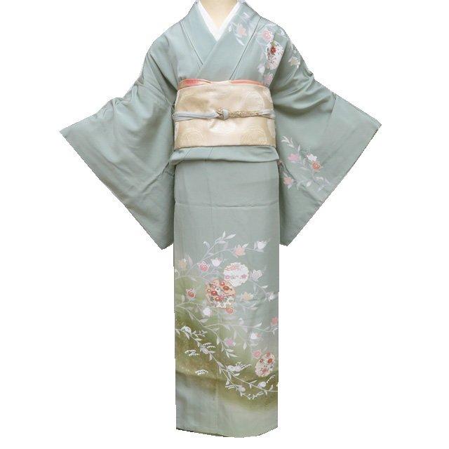 訪問着 着物 中古 正絹 袷 フォーマル 花の図 雪輪 波文 裏葉柳色 多色 