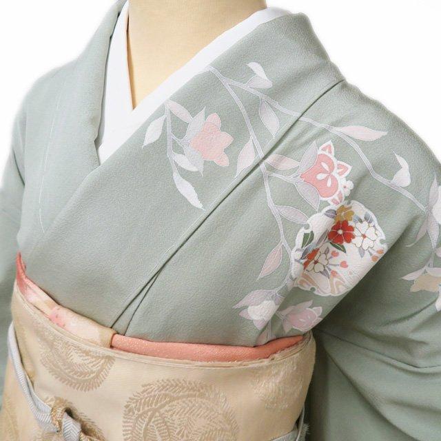 訪問着 着物 中古 正絹 袷 フォーマル 花の図 雪輪 波文 裏葉柳色 多色 