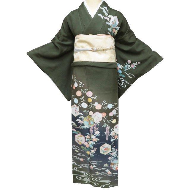 訪問着 着物 中古 正絹 袷 作家物 落款 亀甲に花の図 反端付き 暈し 柳 