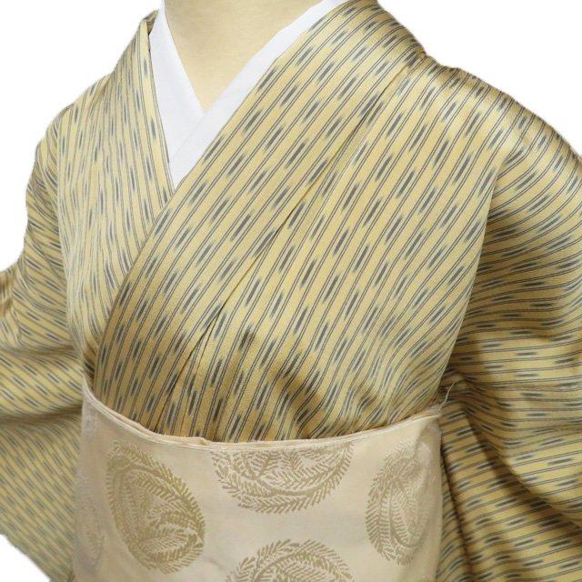 お召し 着物 中古 正絹 袷 カジュアル 縞模様 淡黄色 藍色 身丈169cm 