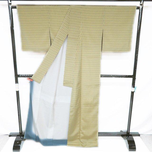お召し 着物 中古 正絹 袷 カジュアル 縞模様 淡黄色 藍色 身丈169cm 裄67cm L トール きもの北條 A1204-8 お召し 着物 中古 正絹 袷 カジュアル 縞模様 淡黄色 藍色 身丈169cm