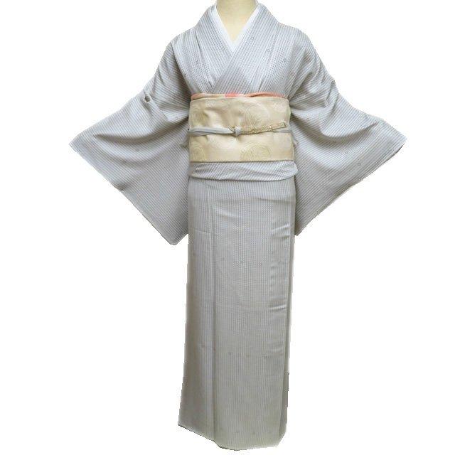 付下げ 付け下げ 訪問着 着物 中古 正絹 袷 縞模様 丸模様 刺繍 白鼠色